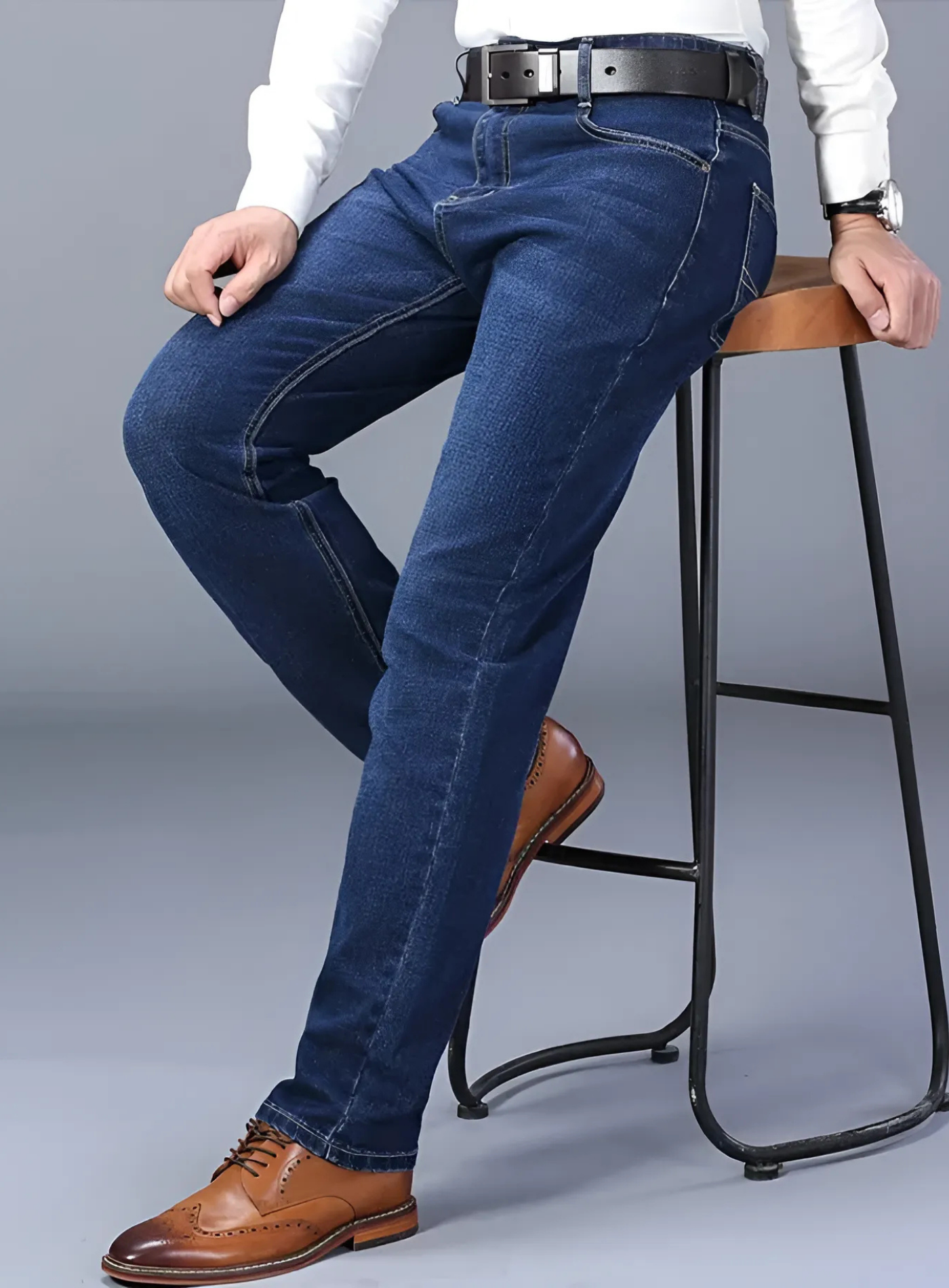 Men's denim blend straight-leg pants mid-rise smart casual office weekend wear timeless silhouette