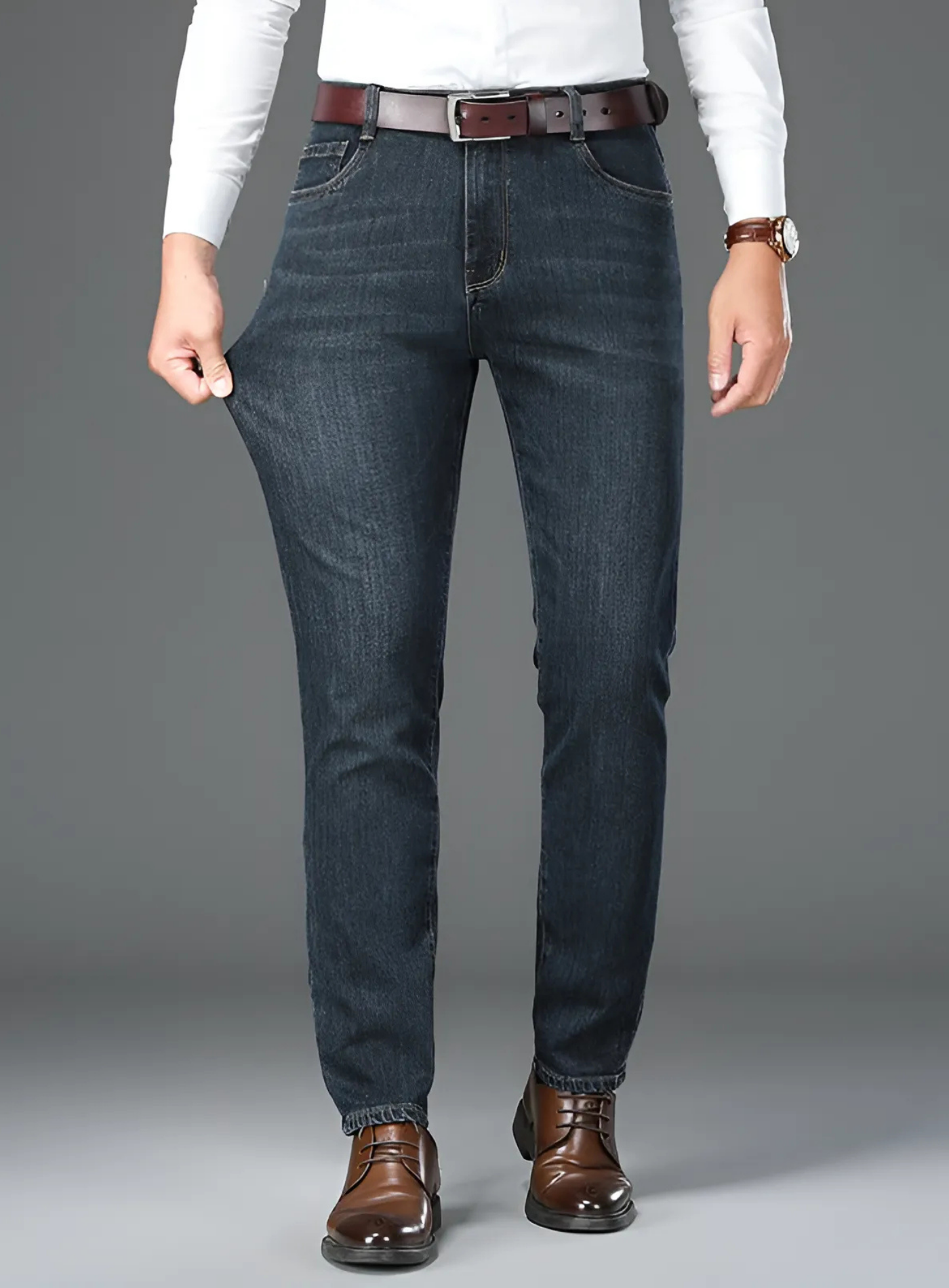 Men's denim blend straight-leg pants mid-rise smart casual office weekend wear timeless silhouette