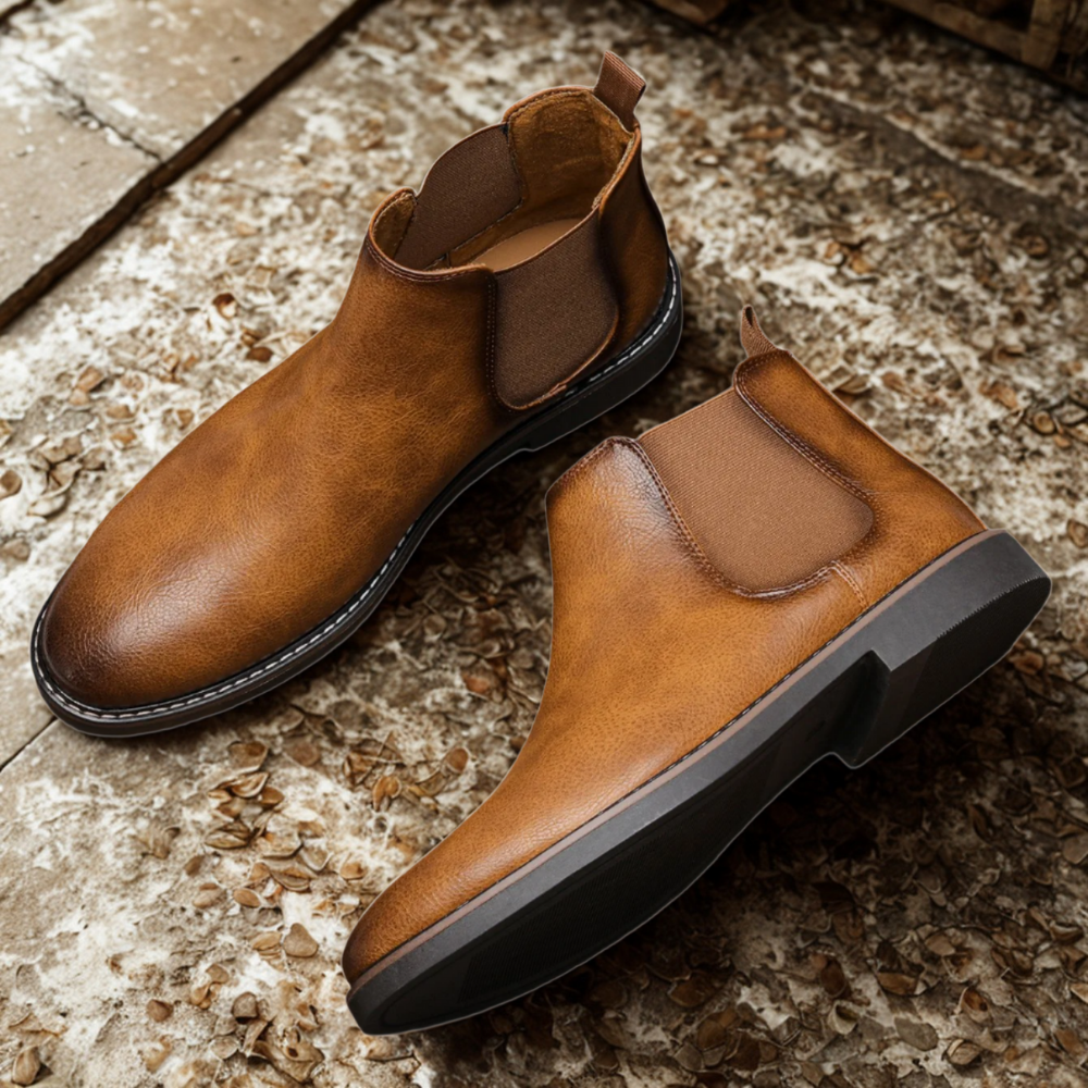 Men's leather Chelsea boots almond toe elastic gussets low block heel modern smart casual style