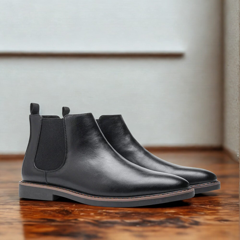 Men's black leather Chelsea boots almond toe elastic gussets low block heel modern style