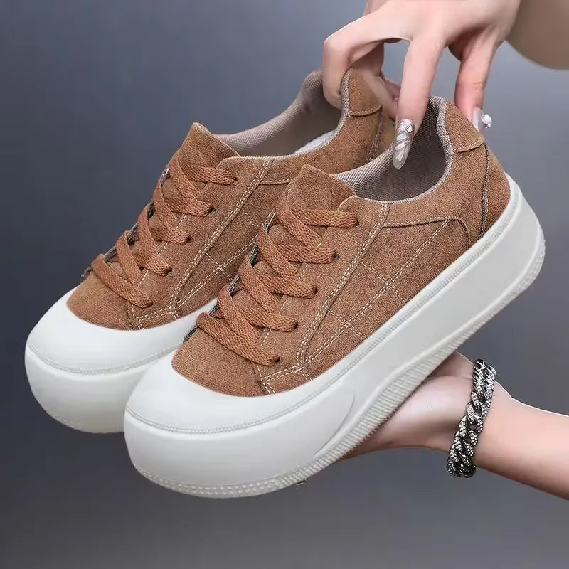 Ivanna women's suede platform sneakers in neutral tones with cushioned thick sole for elevated casual style