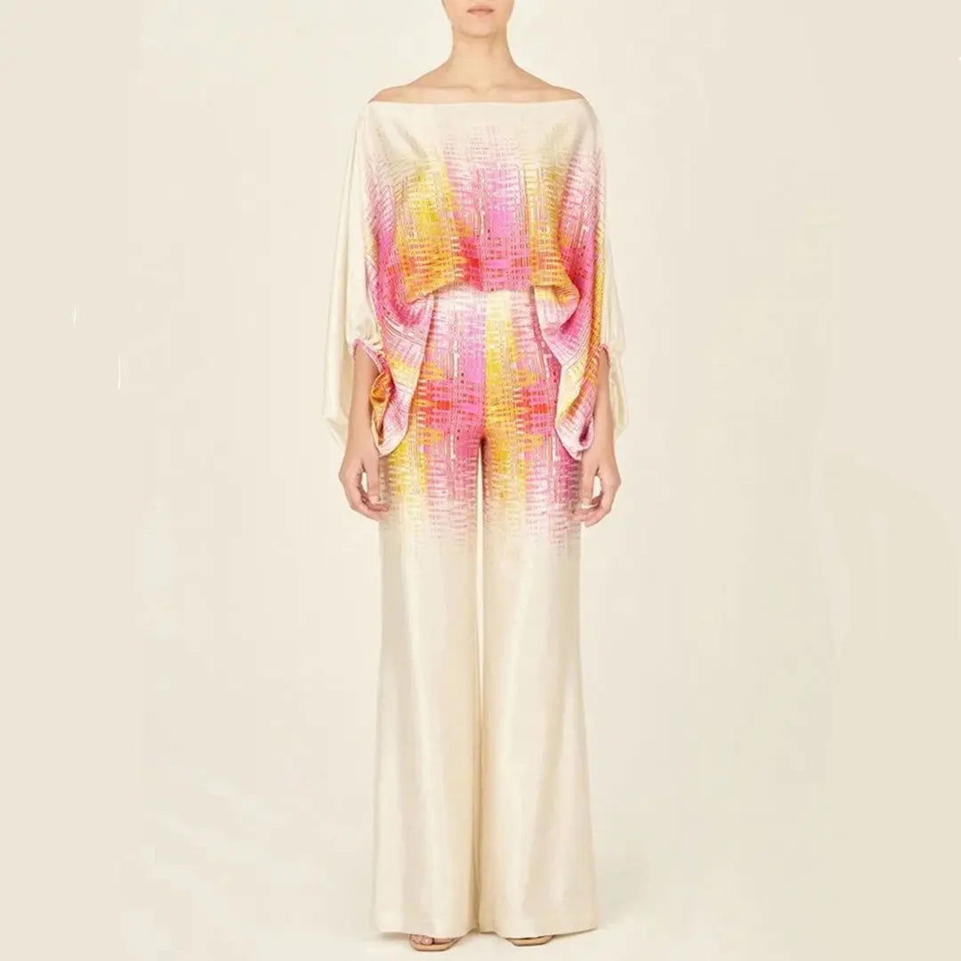 Women's satin abstract print two-piece set off-shoulder batwing top wide leg pants vacation chic