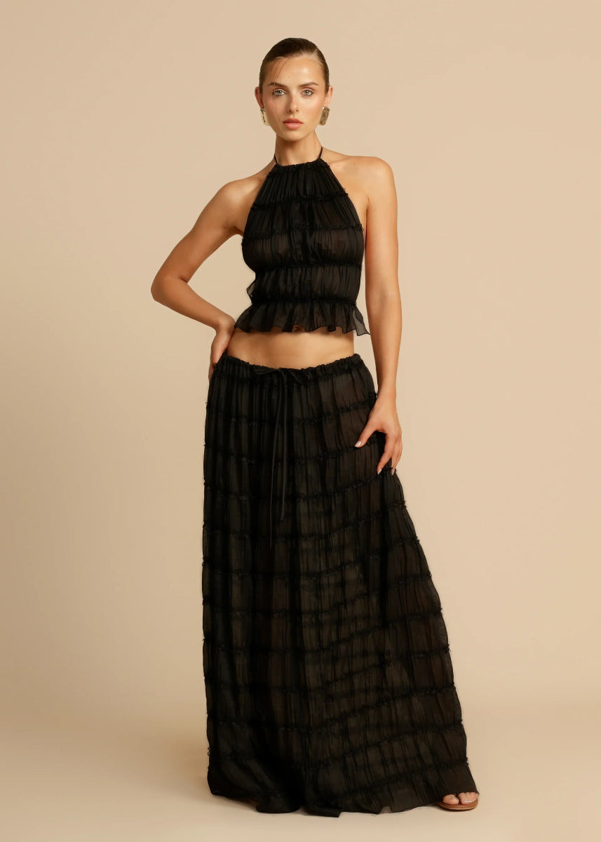 Women's two-piece halter maxi skirt set ruffled neckline lightweight flowy summer vacation outfit