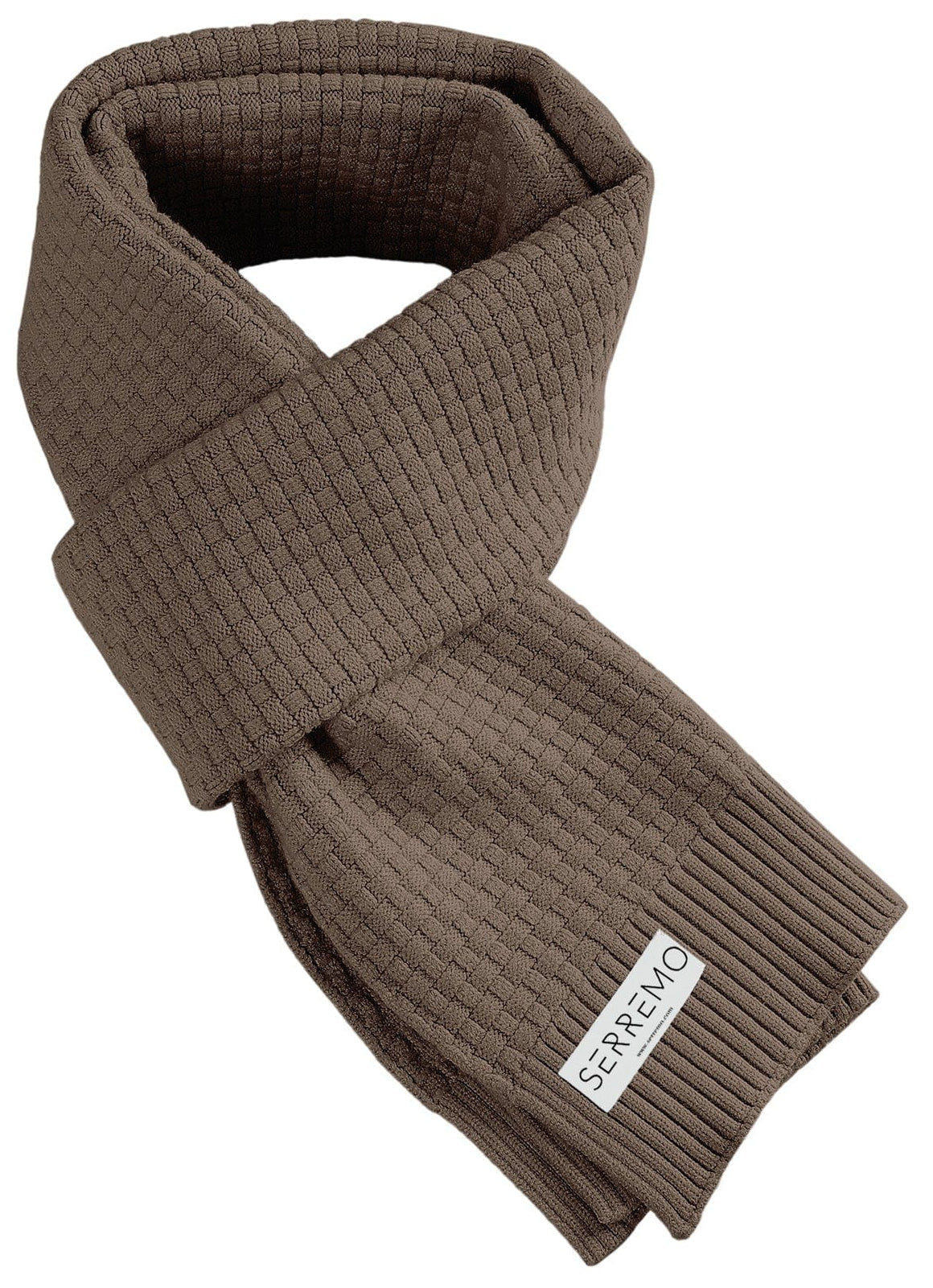 Beige waffle knit unisex scarf with ribbed trim, rectangular silhouette for everyday warmth