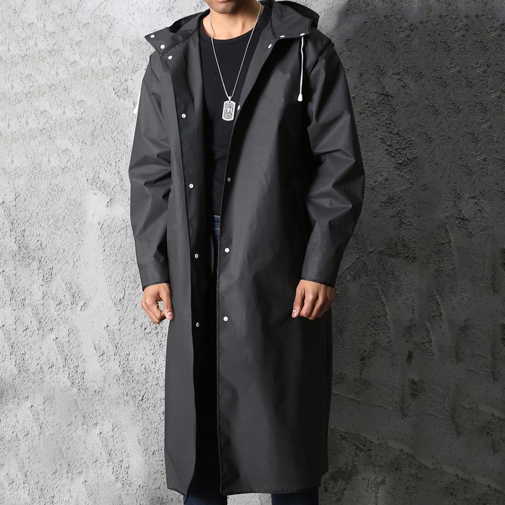 Men's oversized ankle-length black waterproof raincoat with hood, PU leather exterior for active wear