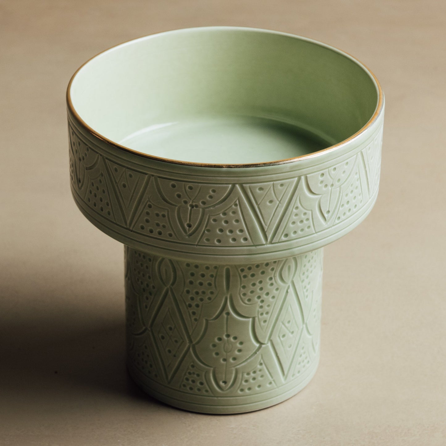 Zagora Green Pedestal Bowl - Handcrafted with 12 Carat Gold Accents - Urbann-Vibe