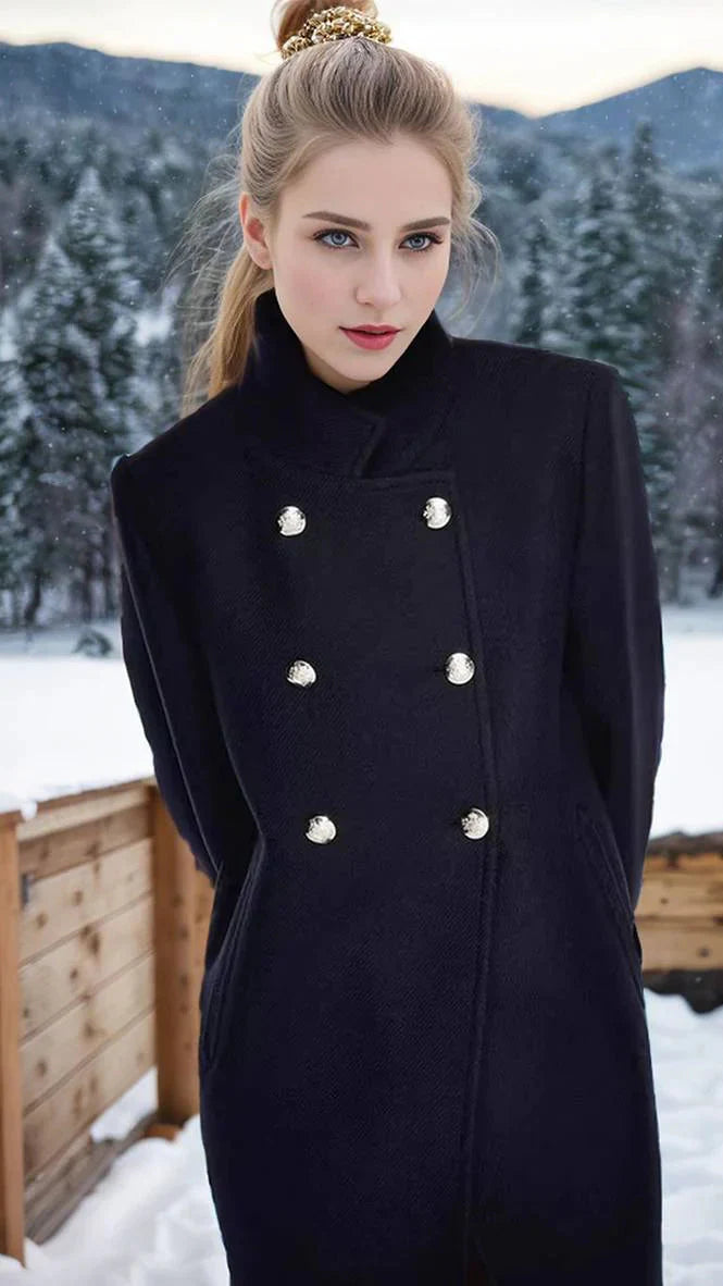 Navy maxi structured coat high collar double-breasted elegant outerwear women urban style