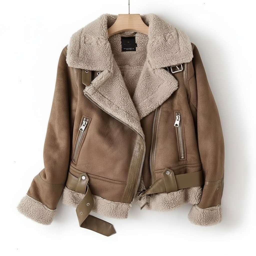 Women's beige shearling jacket with asymmetrical zip closure, belted waist, and cozy wool blend trim