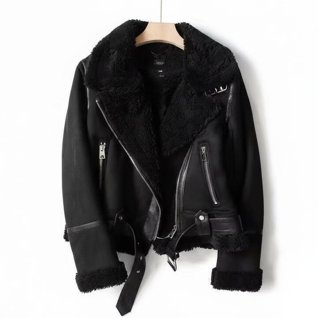 Women's beige shearling jacket with asymmetrical zip closure, belted waist, and cozy wool blend trim