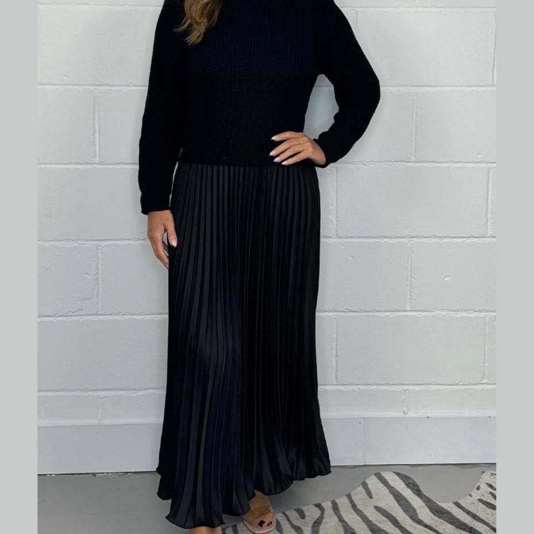 Women's ribbed knit sweater and pleated maxi skirt set, cozy two-piece coordinated autumn-winter outfit