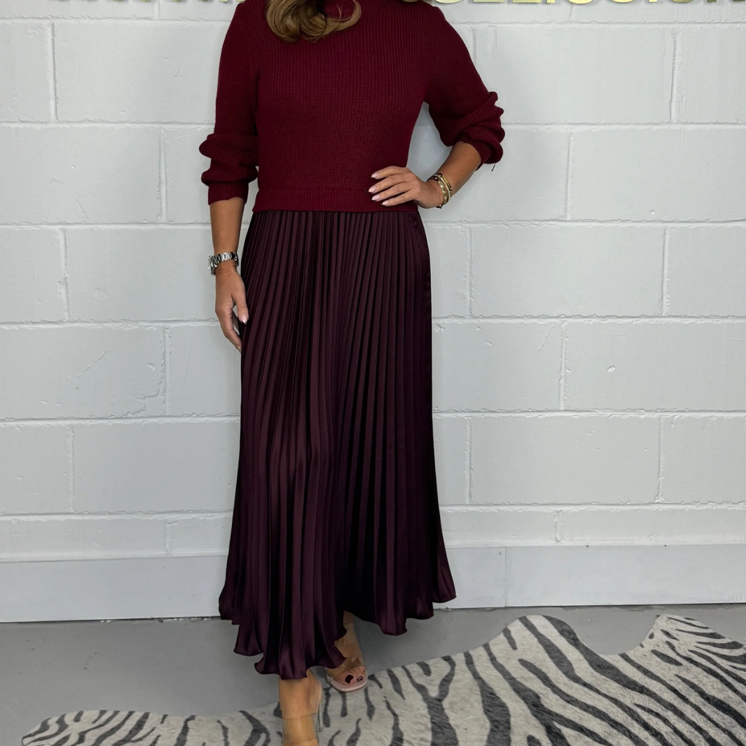 Women's ribbed knit sweater and pleated maxi skirt set, cozy two-piece coordinated autumn-winter outfit