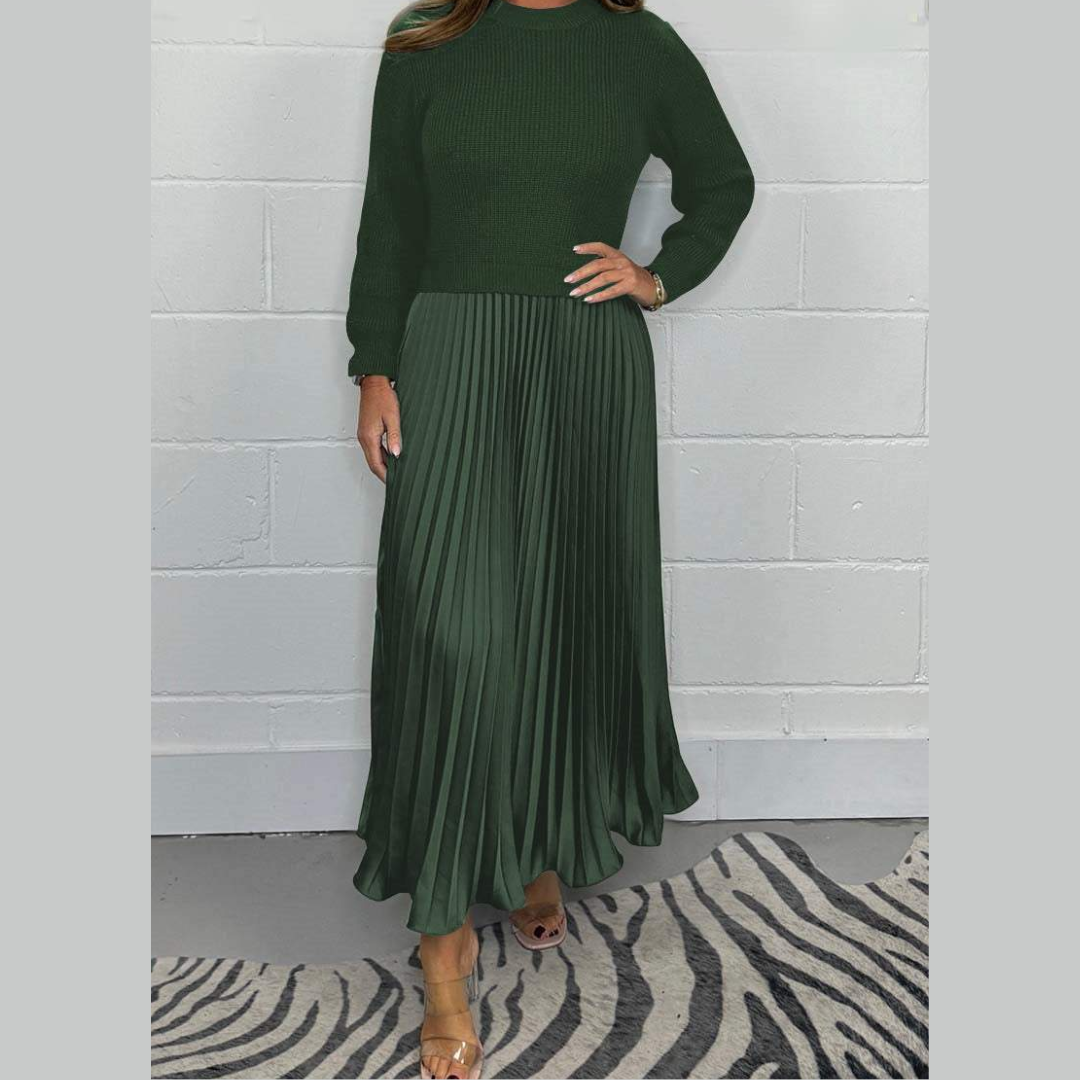Women's ribbed knit sweater and pleated maxi skirt set, cozy two-piece coordinated autumn-winter outfit