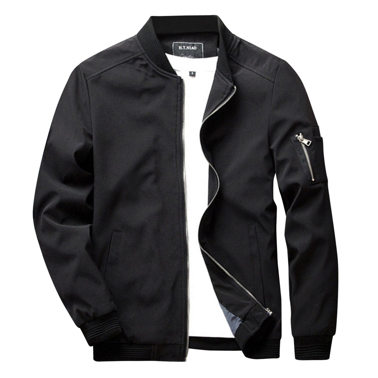 Men's classic fit bomber jacket with ribbed hem and cuffs, sleek tailored silhouette for versatile layering