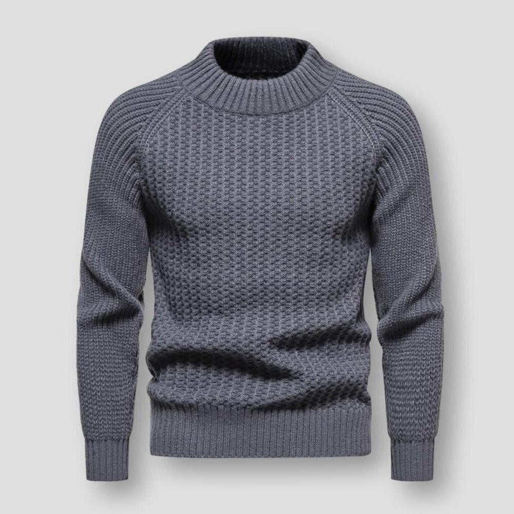 Men's gray waffle knit pullover sweatshirt with globe pattern, cozy textured cold-weather style