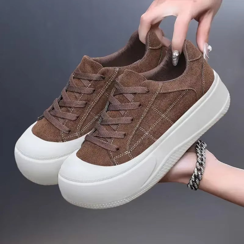 Ivanna women's suede platform sneakers in neutral tones with cushioned thick sole for elevated casual style