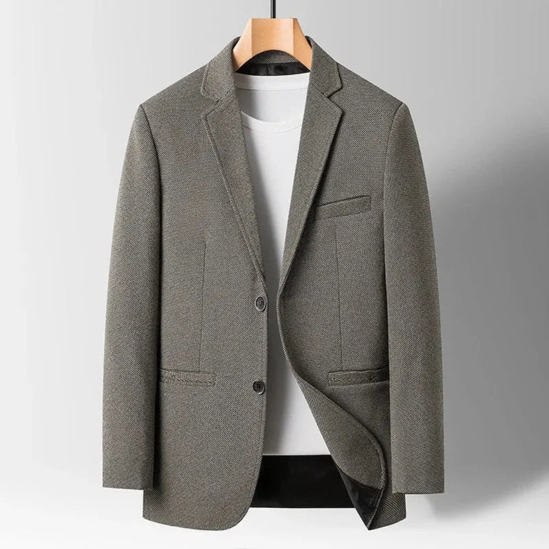 Charcoal wool slim-fit tailored blazer with structured shoulders for a sharp professional look