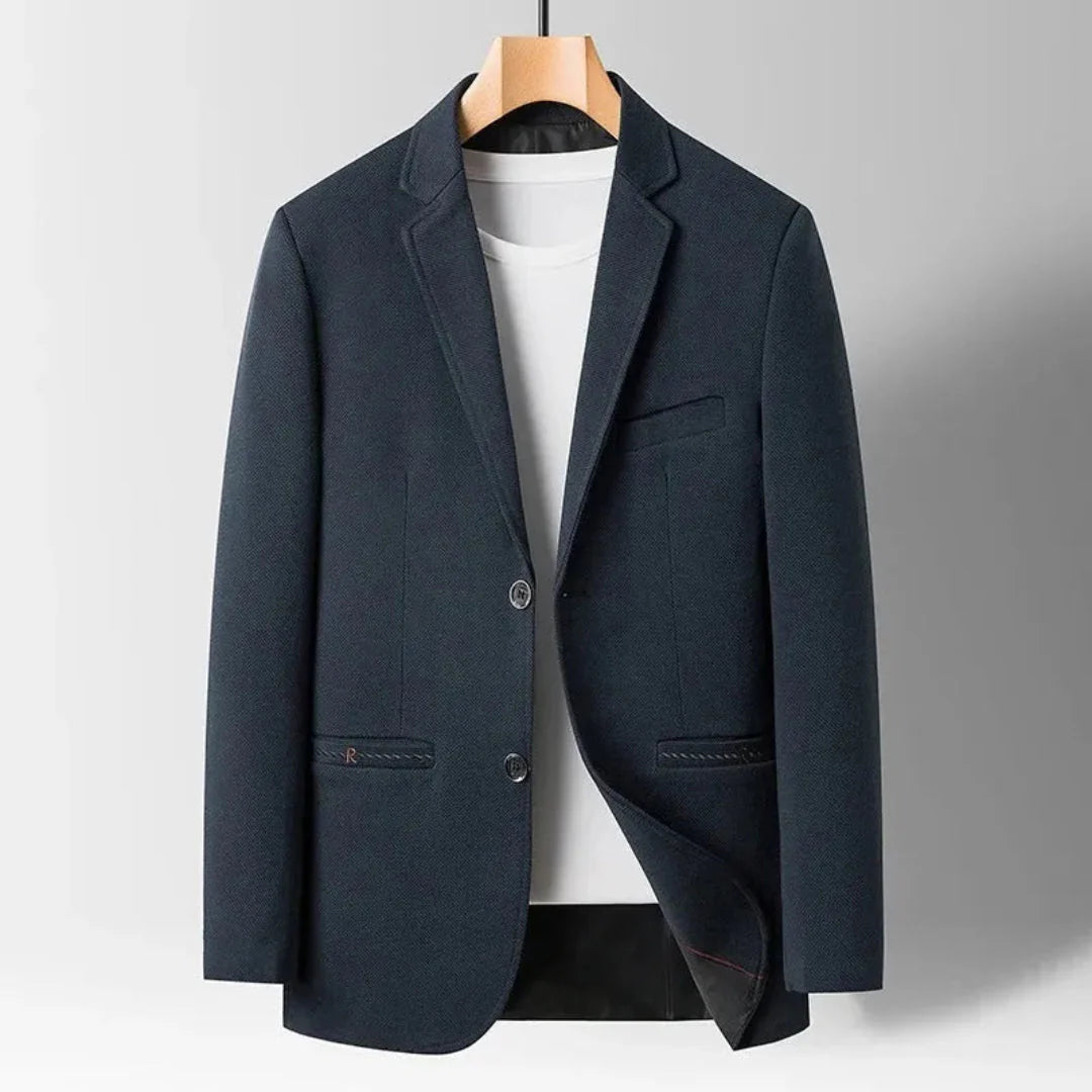 Charcoal wool slim-fit tailored blazer with structured shoulders, refined drape for professionals