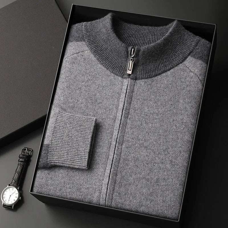 Unisex cashmere full-zip sweater with contrast shoulder detailing in a clean modern silhouette