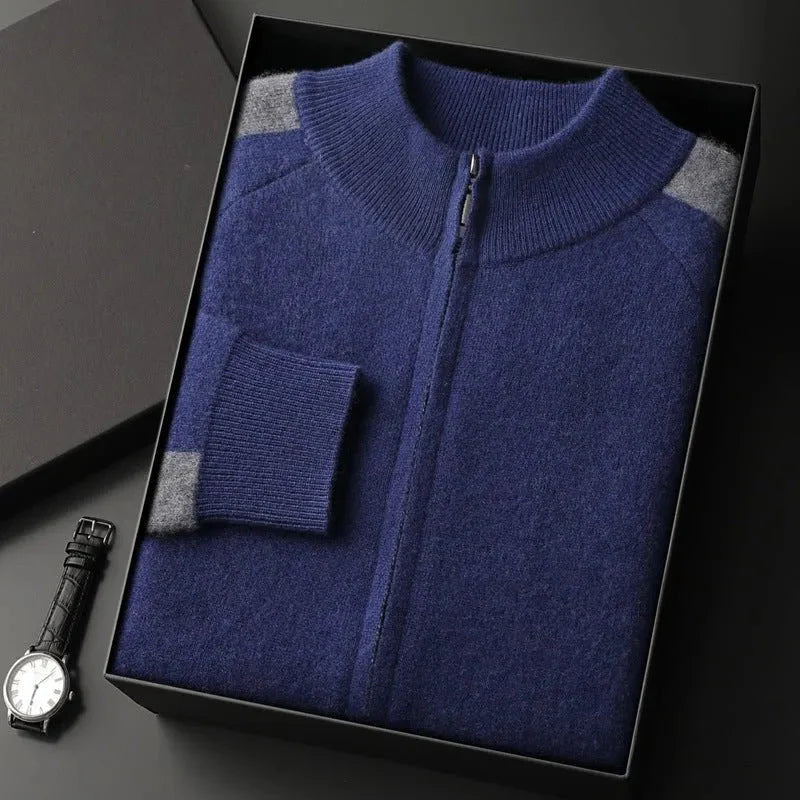 Unisex cashmere full-zip sweater with contrast shoulder detailing, soft breathable premium blend