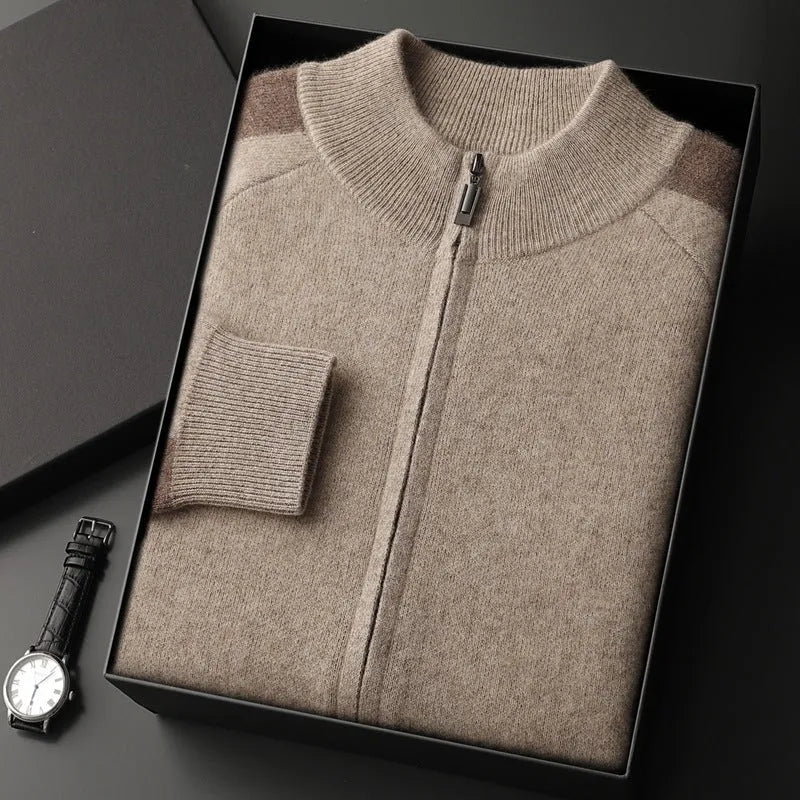 Unisex cashmere full-zip sweater with contrast shoulder detailing in a clean modern silhouette