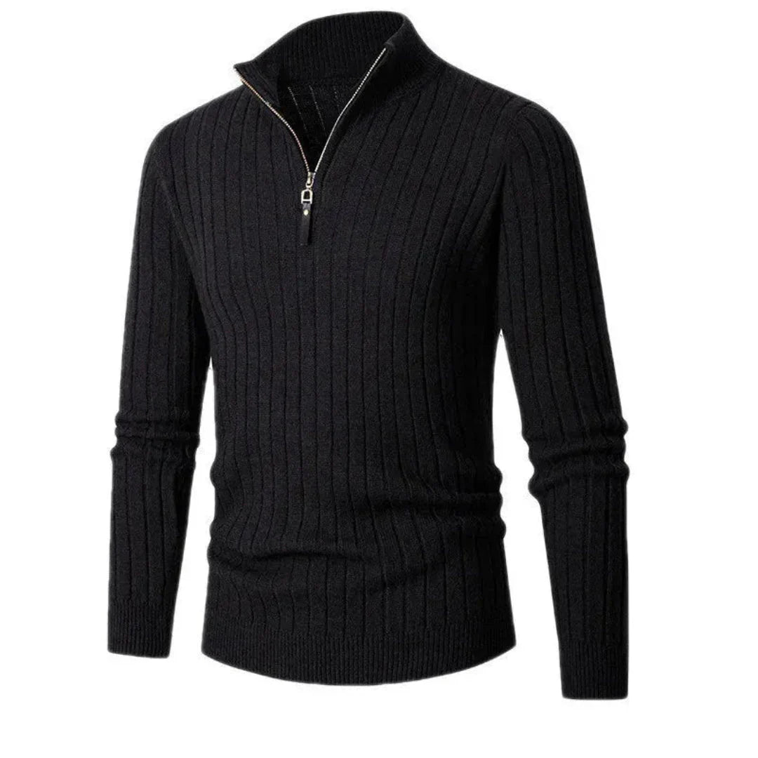 Men's slim fit half-zip ribbed sweater in premium polyester knit with vertical rib texture