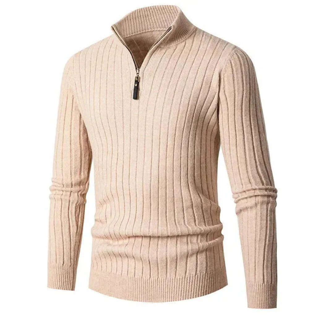 Men's slim fit half-zip ribbed sweater in premium polyester knit with vertical rib texture