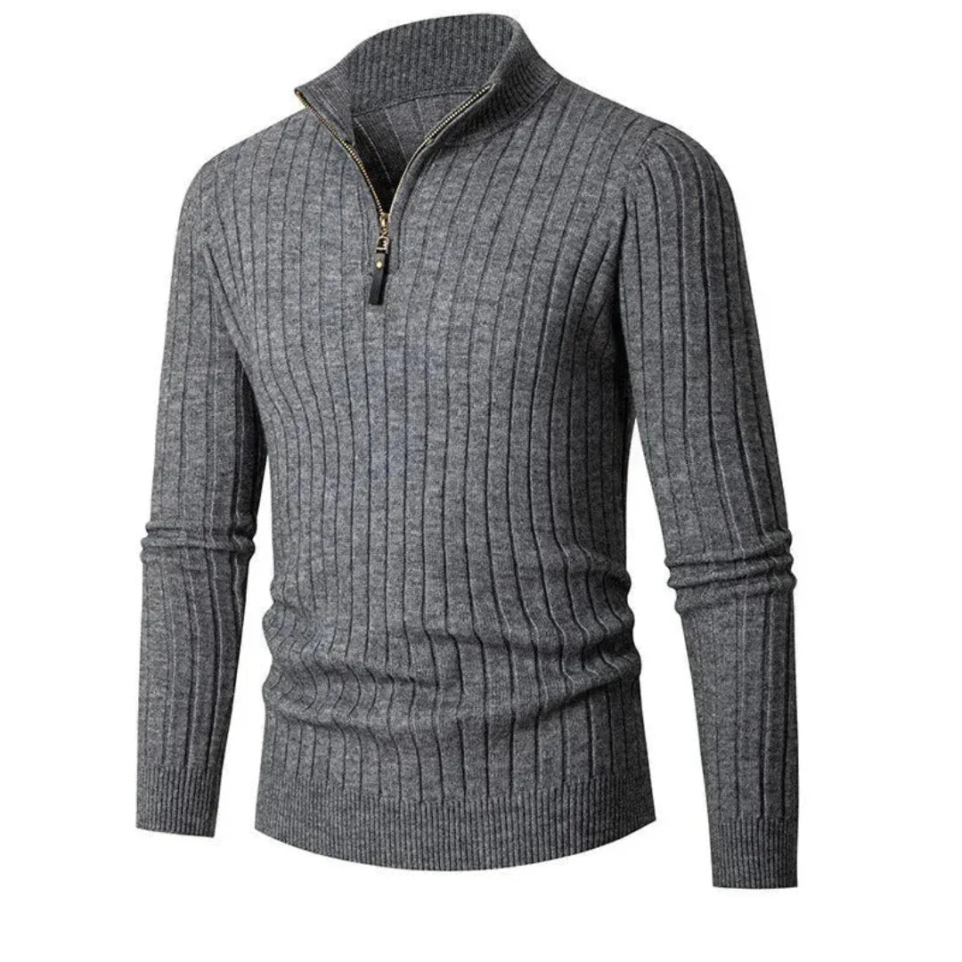 Men's slim fit half-zip ribbed sweater in premium polyester knit with vertical rib texture