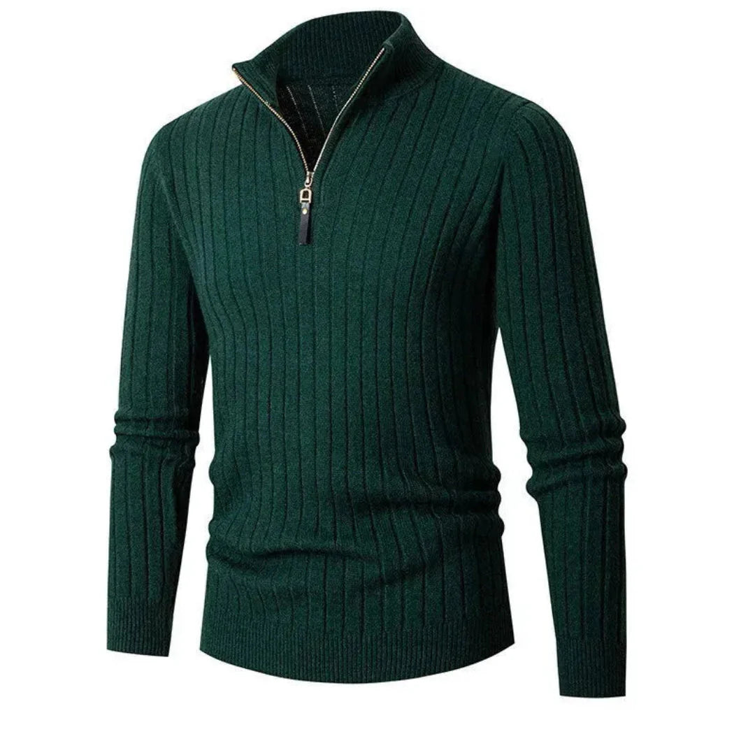 Men's slim fit half-zip ribbed sweater in premium polyester knit with vertical rib texture