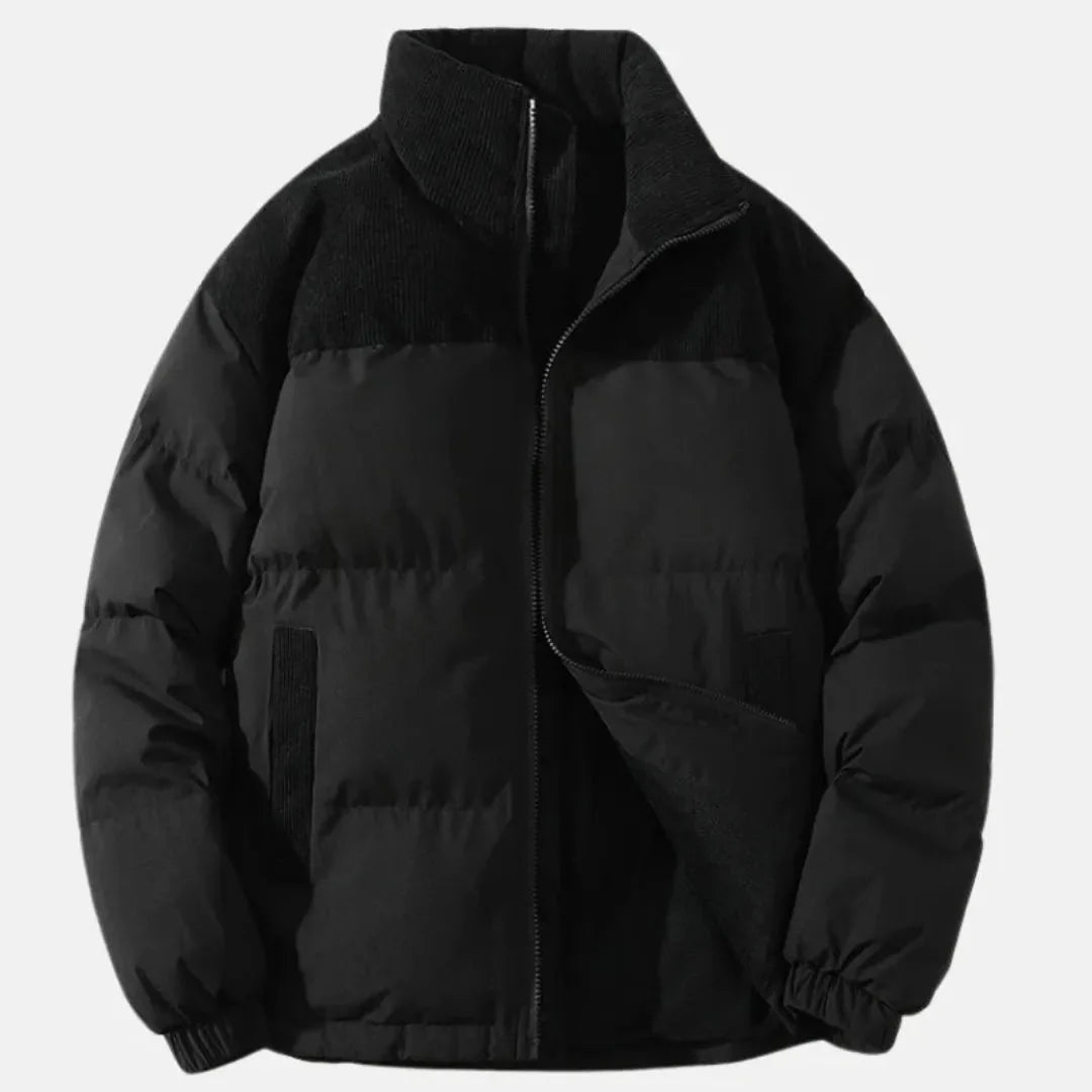 Cain corduroy puffer jacket with contrast panel accents, lightweight insulation, urban-chic cold-weather style