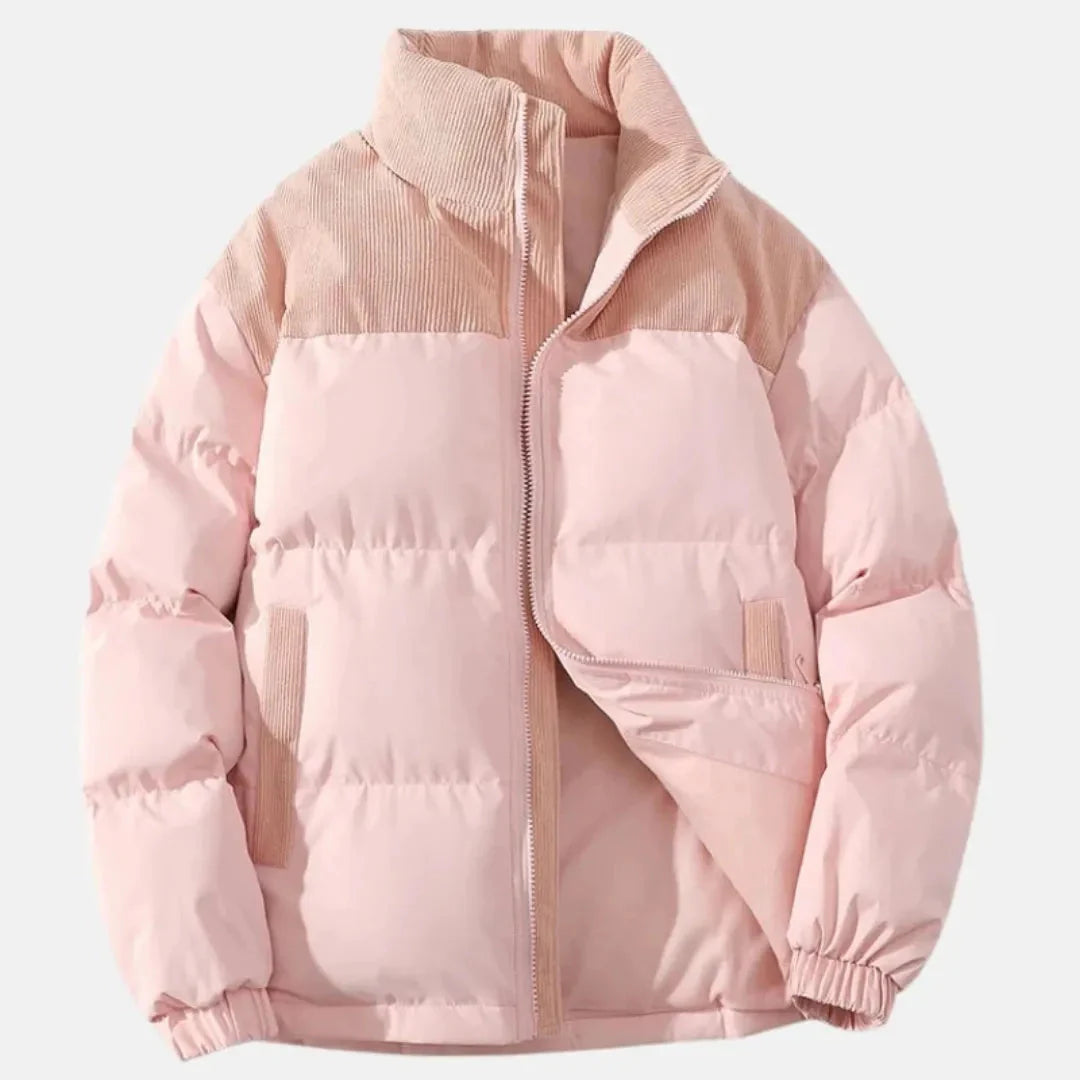 Cain corduroy puffer jacket with contrast panel accents, lightweight insulation, urban-chic fit
