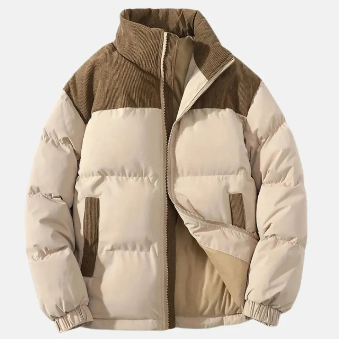 Cain corduroy puffer jacket urban-chic contrast panel accents lightweight insulation cold-weather essential