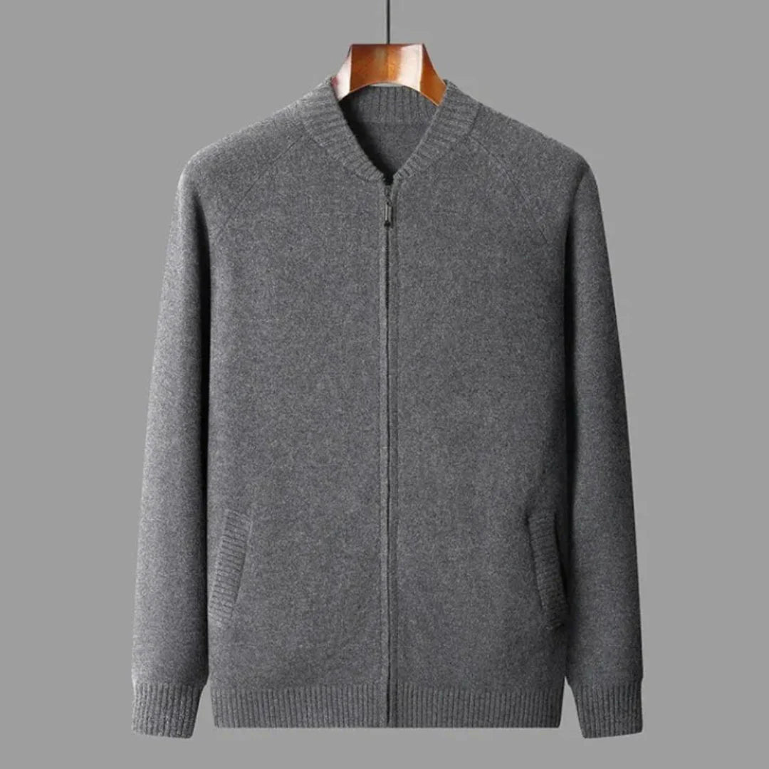 Unisex full-zip wool sweater neutral tone ribbed detailing slim fit with hidden welt pockets