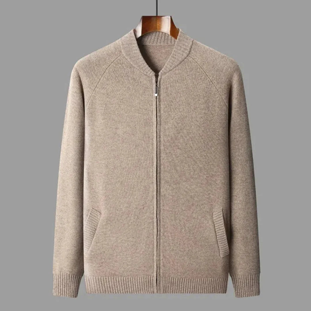 Unisex full-zip wool sweater with ribbed detailing and hidden welt pockets in a timeless silhouette