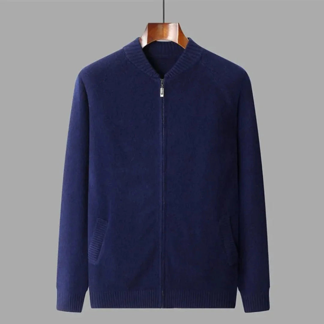 Unisex full-zip wool sweater ribbed detailing hidden welt pockets warm breathable timeless fit