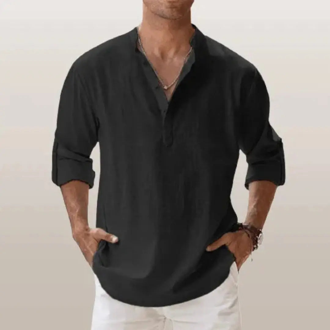Men's beige linen henley shirt relaxed fit roll-up sleeves breathable casual summer style