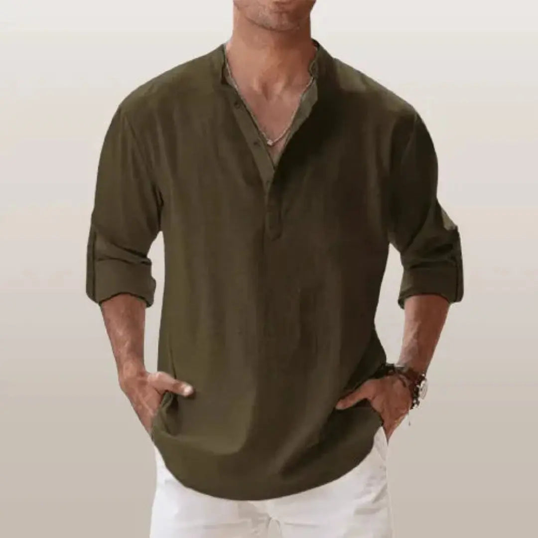 Men's beige linen henley shirt relaxed fit roll-up sleeves breathable casual summer style