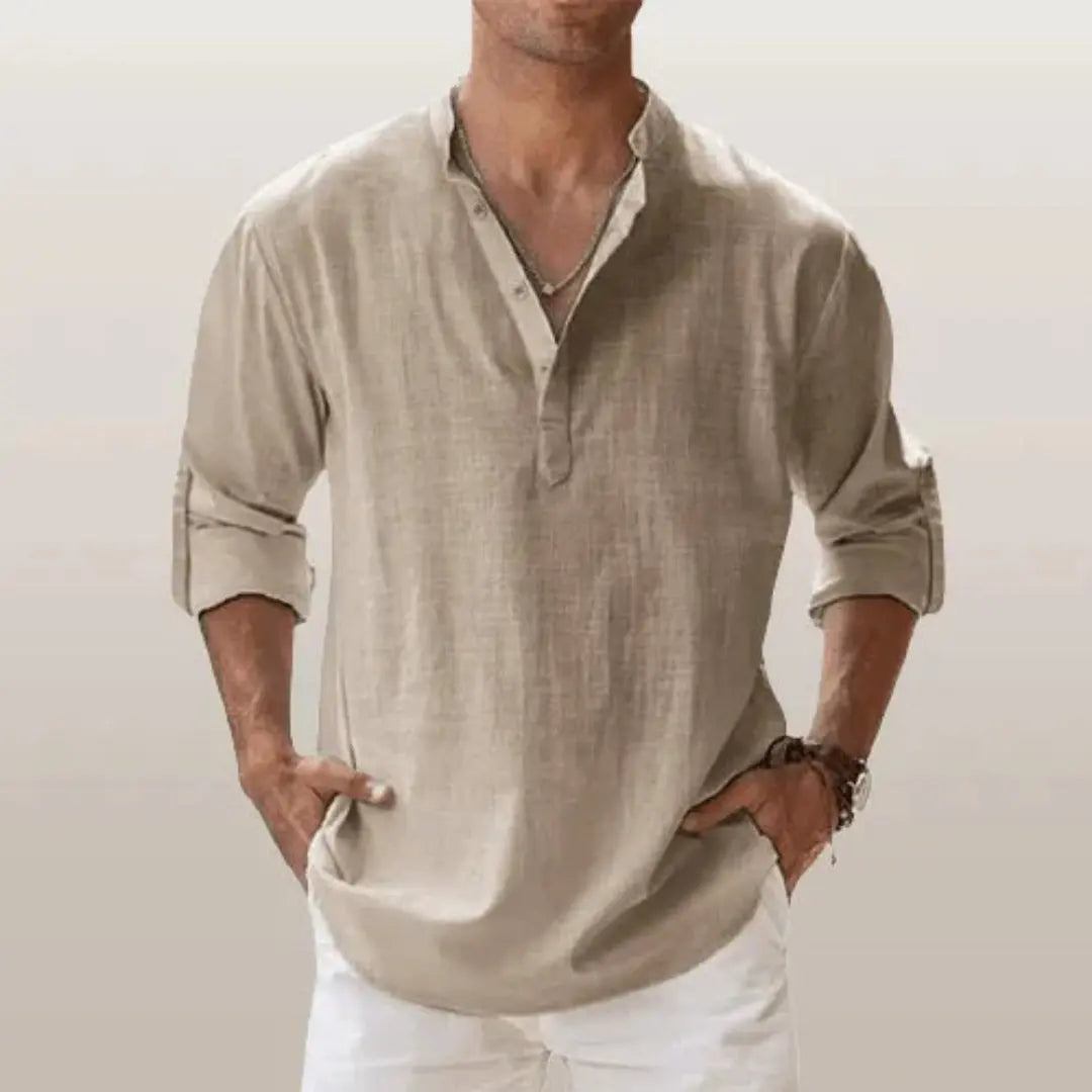 Men's beige linen henley shirt relaxed fit roll-up sleeves breathable casual summer style