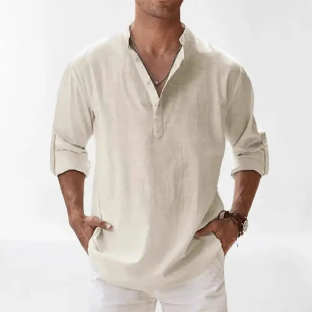 Men's beige linen henley shirt relaxed fit roll-up sleeves breathable casual summer style