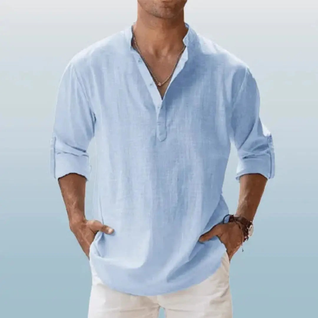 Men's beige linen henley shirt relaxed fit roll-up sleeves breathable casual summer style