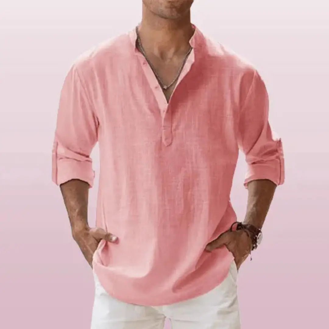 Men's beige linen henley shirt relaxed fit roll-up sleeves breathable casual summer style