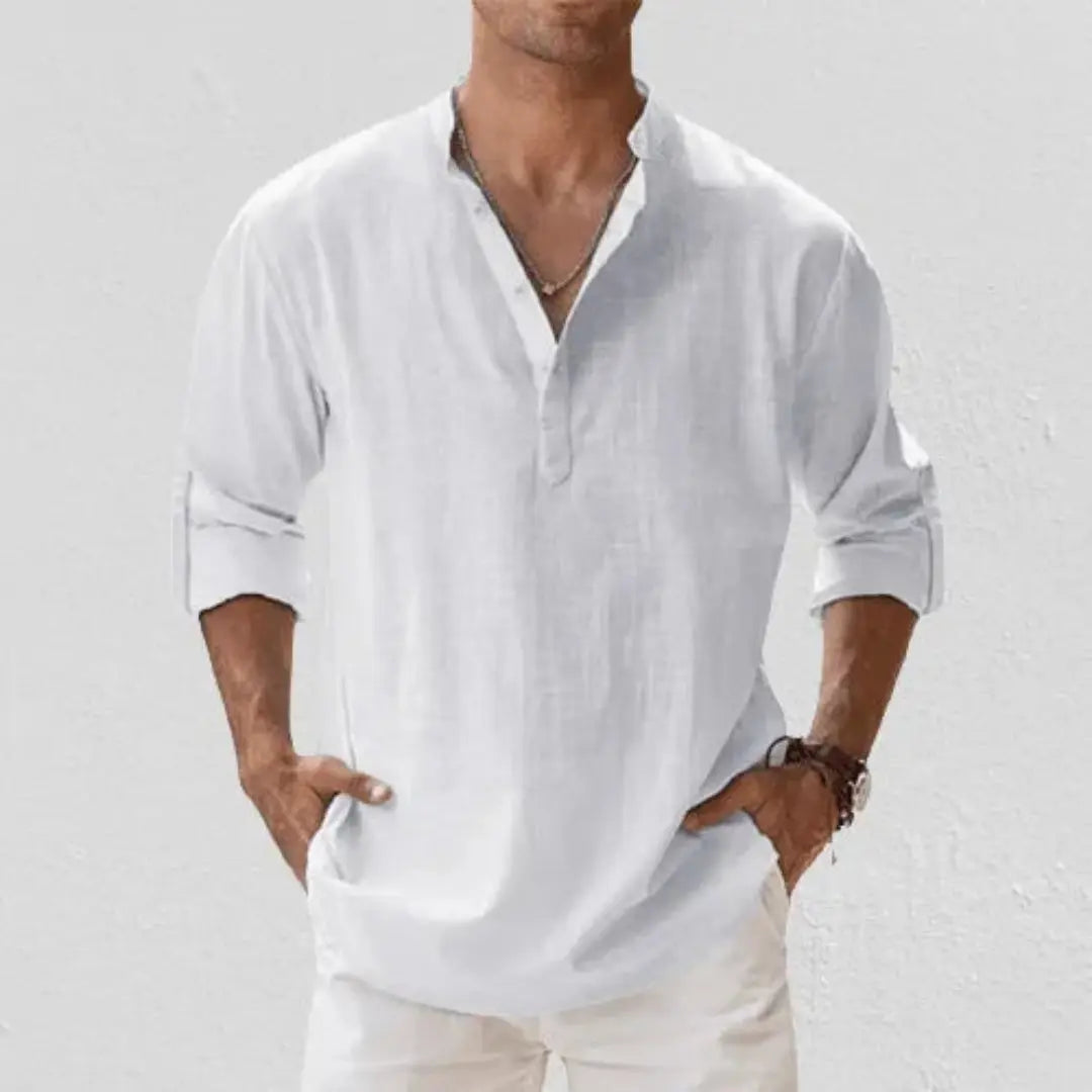 Men's beige linen henley shirt relaxed fit roll-up sleeves breathable casual summer style
