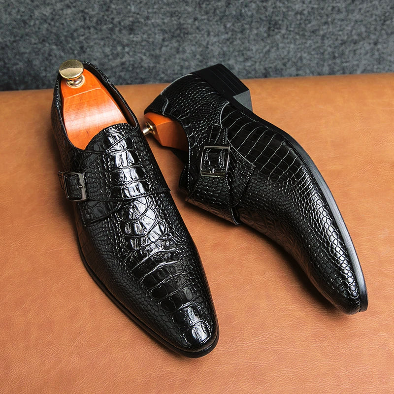 Men's black crocodile-texture pointed-toe formal dress shoes with polished vintage retro finish