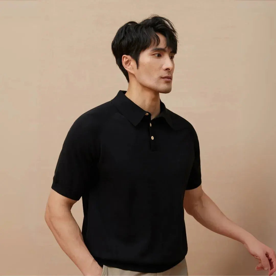 Men's navy knit polo shirt classic button-down collar breathable polyester blend smart casual fit
