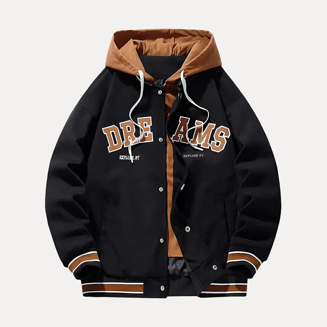Black and white hooded varsity jacket with ribbed cuffs and hem, classic baseball silhouette