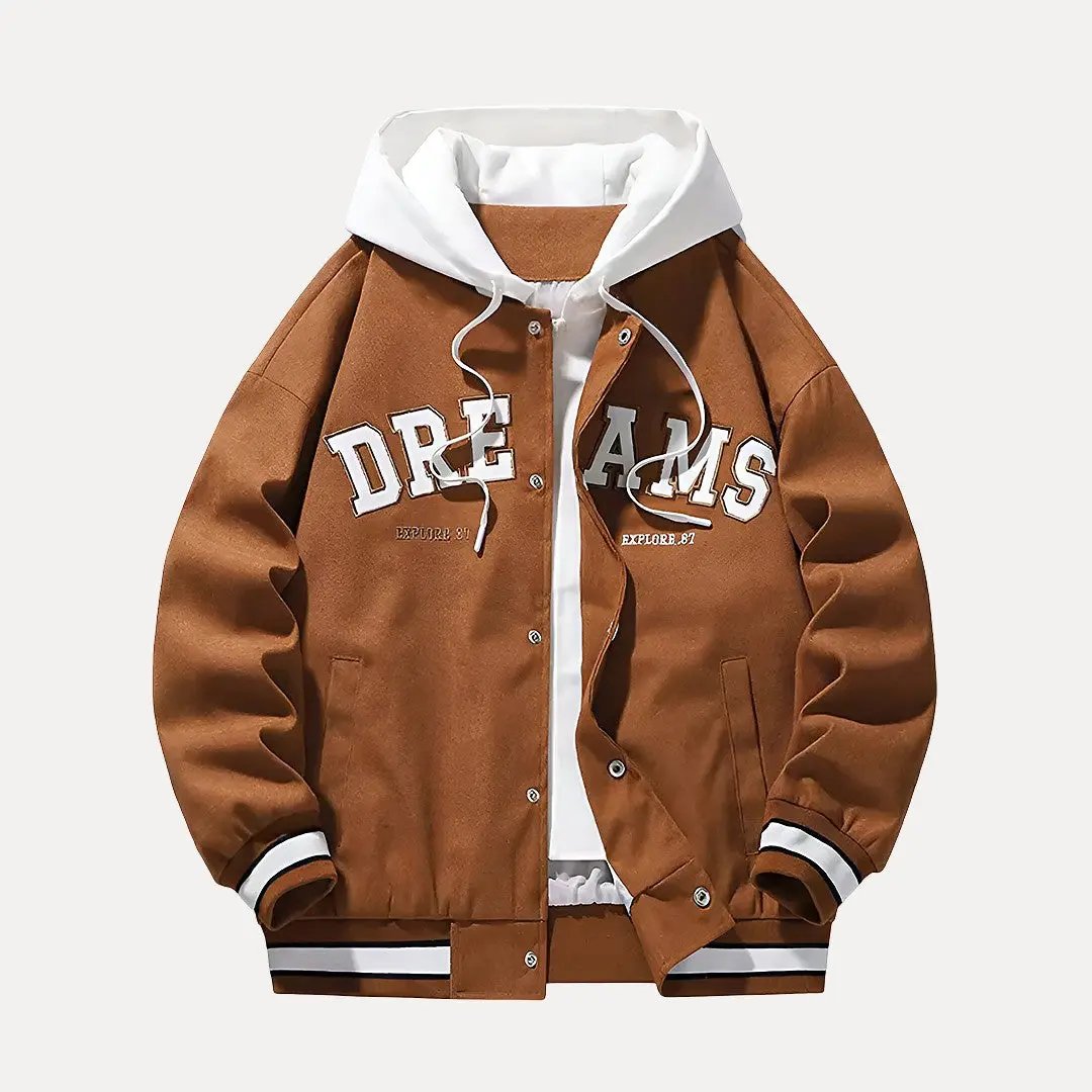 Black hooded baseball varsity jacket with contrast sleeves, relaxed fit, all-season casual streetwear style