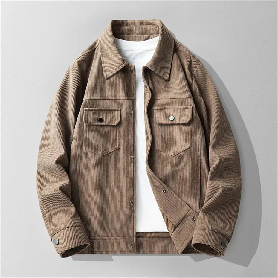 Unisex brown corduroy jacket classic structured cut with soft ribbed texture for all-season warmth