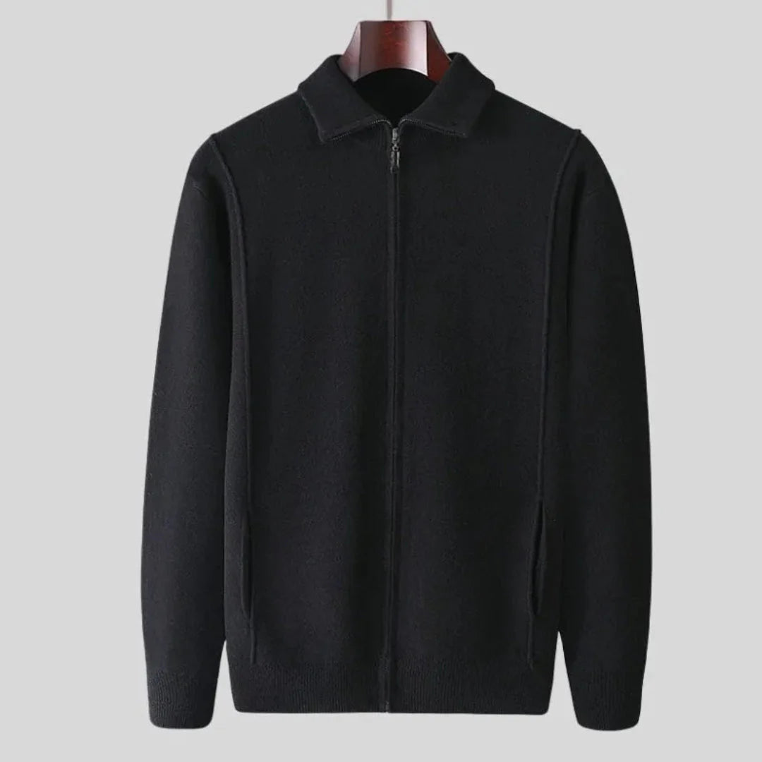 Men's full-zip wool sweater in classic smart casual style with 100% pure wool premium construction