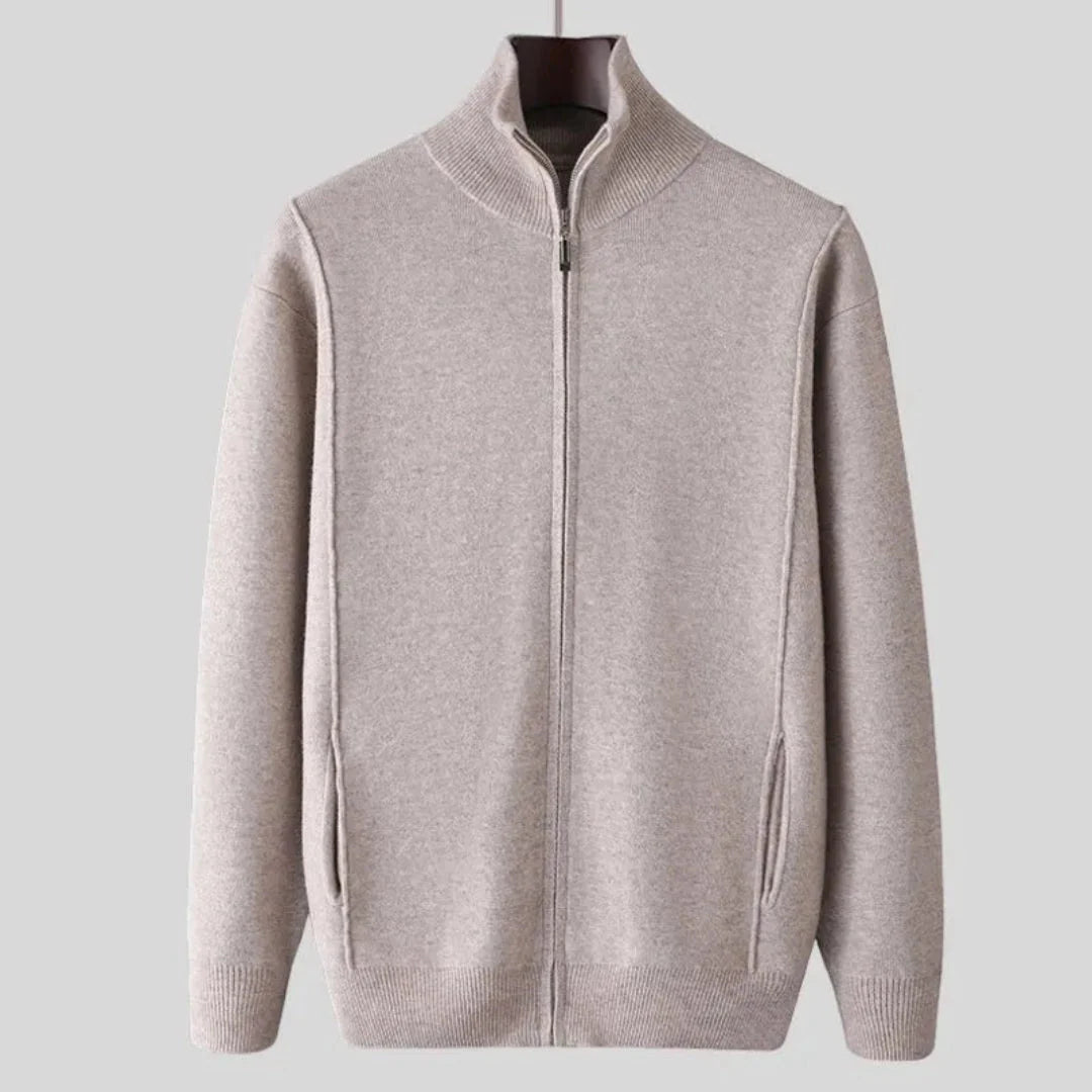 Men's full-zip wool sweater in classic hue, smart casual cut with 100% pure wool premium layering