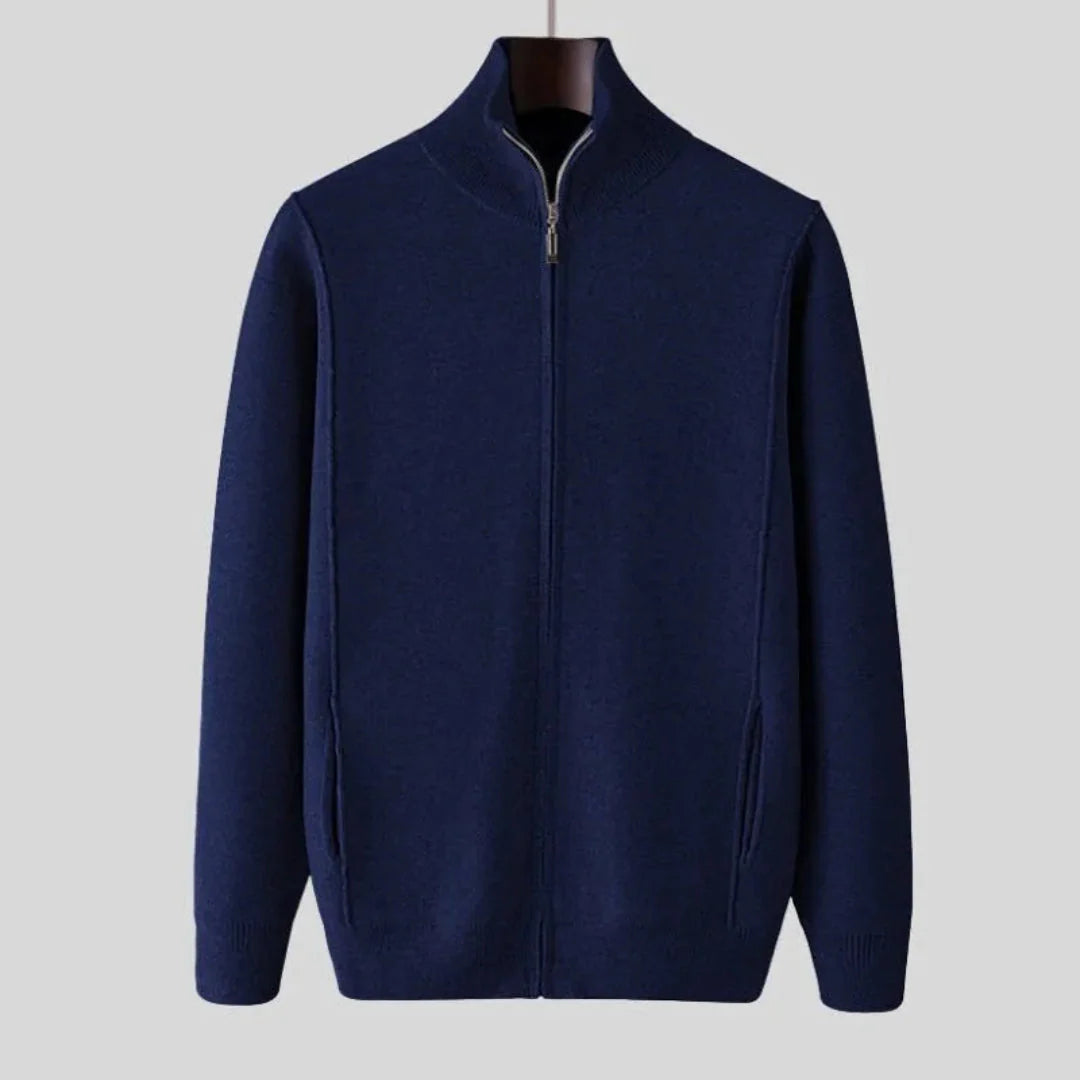 Men's full-zip wool sweater smart casual layering piece in premium 100% pure wool