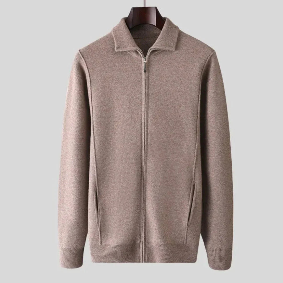 Men's full-zip wool sweater in smart casual style, 100% pure wool with versatile layering design